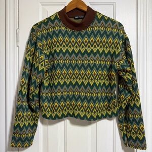 Zara brown green diamond pattern cropped stretch knit mock neck sweater Medium